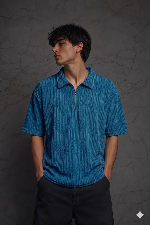 Cerulean_Texture-Knit_Quarter-Zip_Polo