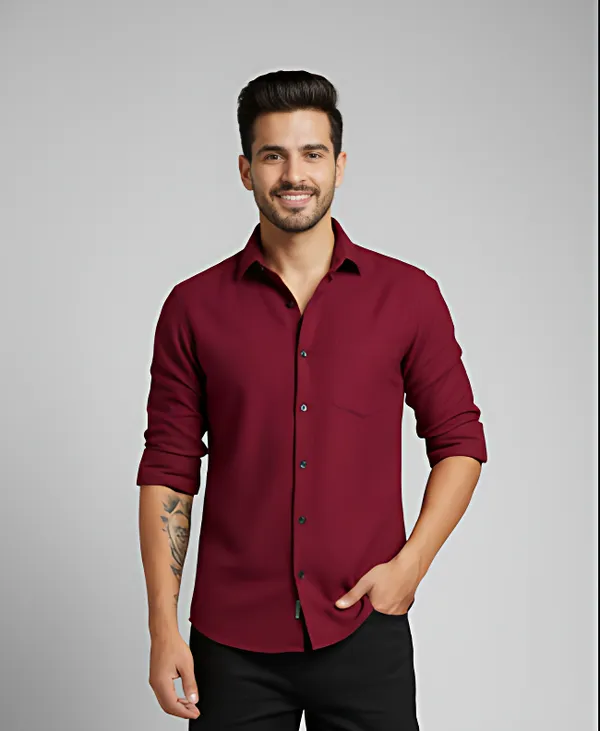 Deep_Red_Cotton_Lenin_Shirt_For_Men
