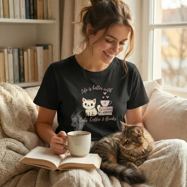 Cats,_Coffee_&_Books_Unisex_Tshirt_Black