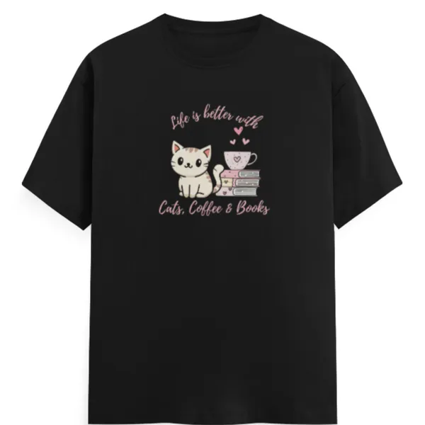 Cats,_Coffee_&_Books_Unisex_Tshirt_Black