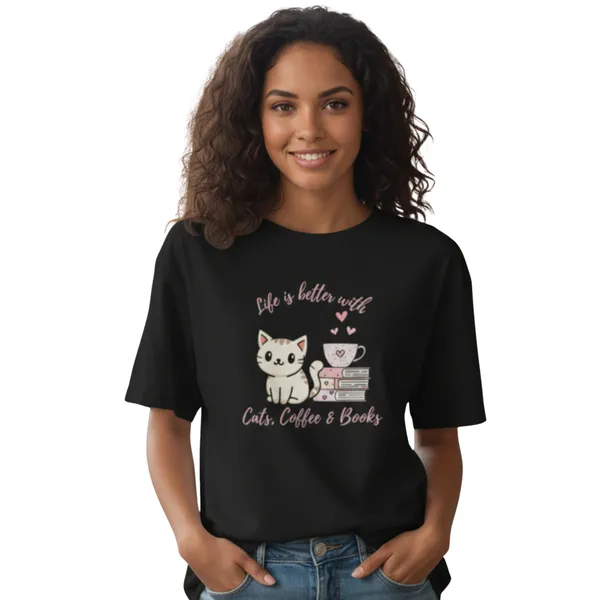 Cats,_Coffee_&_Books_Unisex_Tshirt_Black