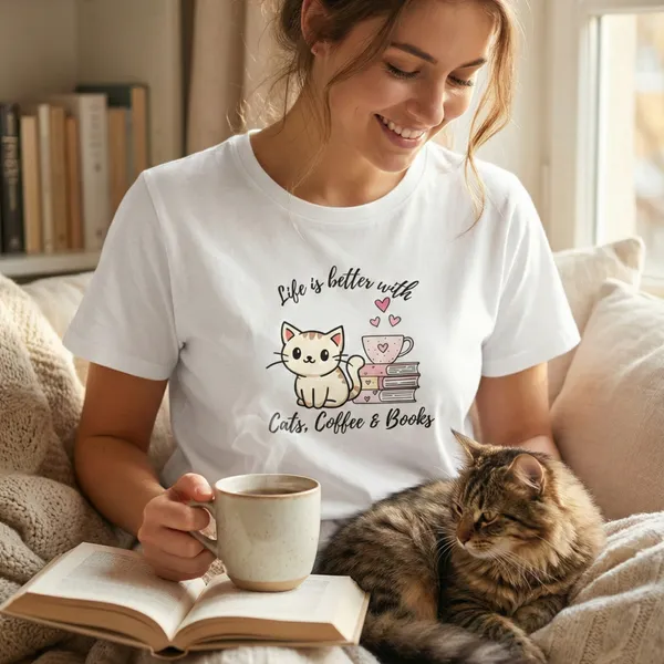 Cats,_Coffee_&_Books_Unisex_Tshirt_White