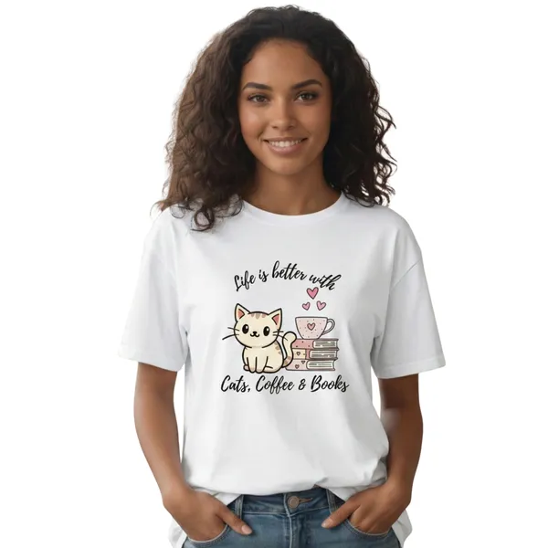 Cats,_Coffee_&_Books_Unisex_Tshirt_White
