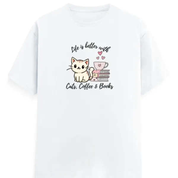 Cats,_Coffee_&_Books_Unisex_Tshirt_White