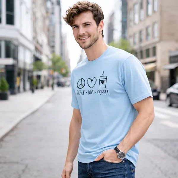 Peace_Love_Coffee_Unisex_Tshirt_Blue