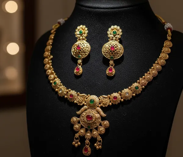 Antique_Matte_Gold_Temple_Necklace_Set_with_Earrings_|_Traditional_Kundan_Design