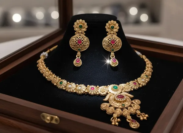 Antique_Matte_Gold_Temple_Necklace_Set_with_Earrings_|_Traditional_Kundan_Design