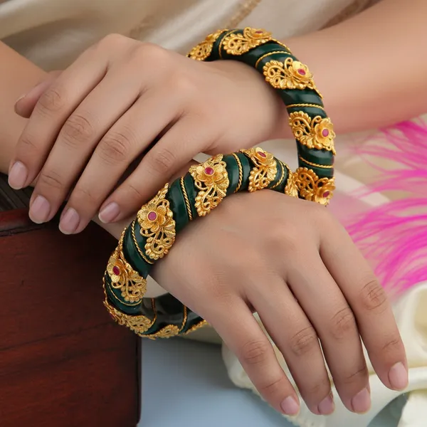Handcrafted_Deep_Green_Resin_Kada_Set_with_Gold-Plated_Floral_Vine_Work