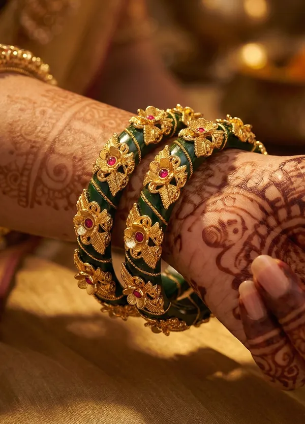 Handcrafted_Deep_Green_Resin_Kada_Set_with_Gold-Plated_Floral_Vine_Work