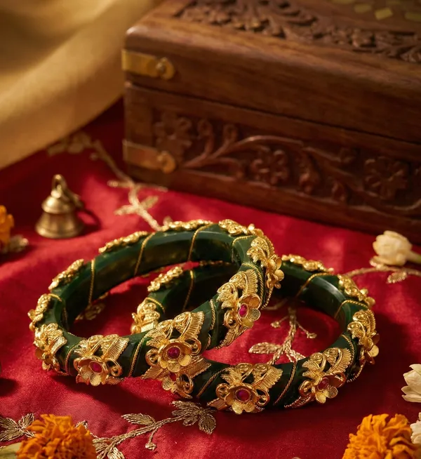 Handcrafted_Deep_Green_Resin_Kada_Set_with_Gold-Plated_Floral_Vine_Work