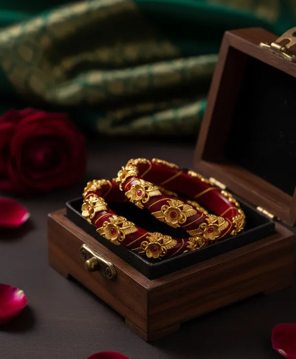 Exquisite_Gold-Plated_Brass_Maroon_Pola_Bangles_with_Floral_Filigree_&_Ruby_Accents_Set_of_2