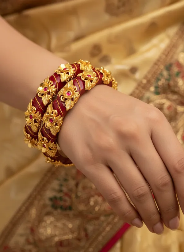 Exquisite_Gold-Plated_Brass_Maroon_Pola_Bangles_with_Floral_Filigree_&_Ruby_Accents_Set_of_2