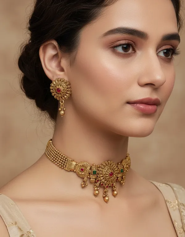 Royal_Antique_Gold_Choker_Necklace_Set_with_Earrings_�_Traditional_Bridal_&_Festive_Jewellery