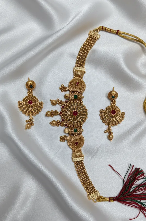 Royal_Antique_Gold_Choker_Necklace_Set_with_Earrings_�_Traditional_Bridal_&_Festive_Jewellery