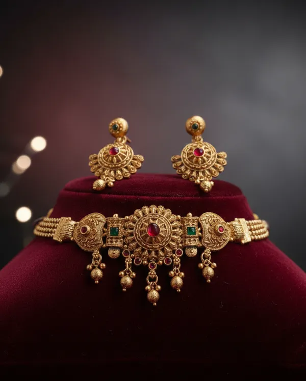 Royal_Antique_Gold_Choker_Necklace_Set_with_Earrings_�_Traditional_Bridal_&_Festive_Jewellery