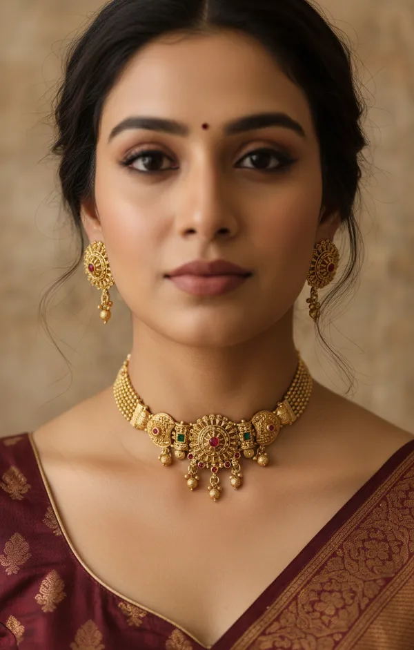 Royal_Antique_Gold_Choker_Necklace_Set_with_Earrings_�_Traditional_Bridal_&_Festive_Jewellery