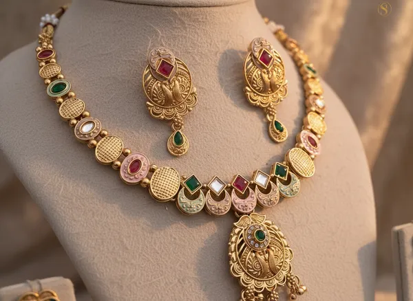 Antique_Matte_Gold_Hasadi_Necklace_Set_with_Multicolor_Stones_&_Earrings