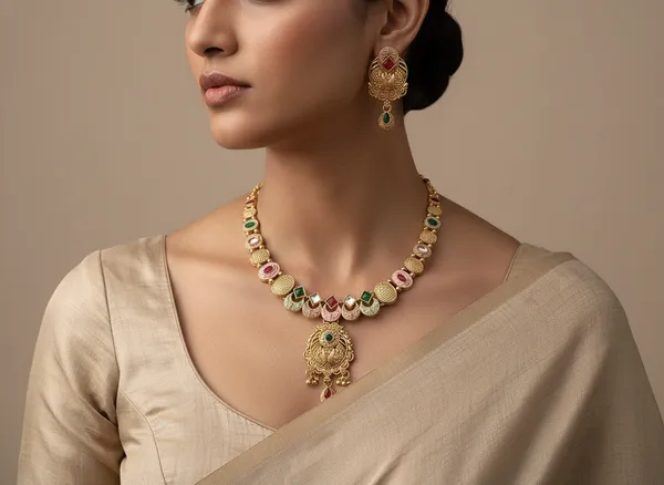 Antique_Matte_Gold_Hasadi_Necklace_Set_with_Multicolor_Stones_&_Earrings