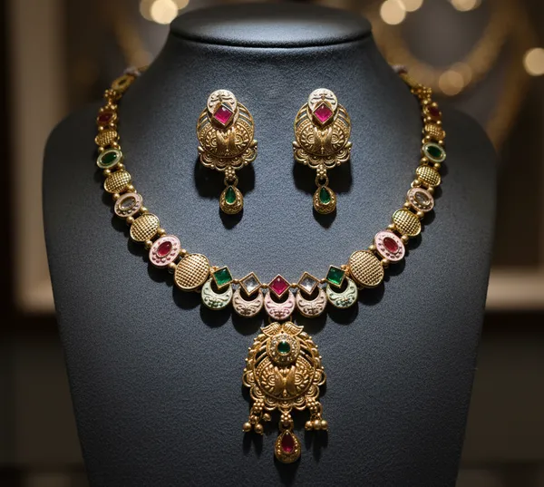 Antique_Matte_Gold_Hasadi_Necklace_Set_with_Multicolor_Stones_&_Earrings