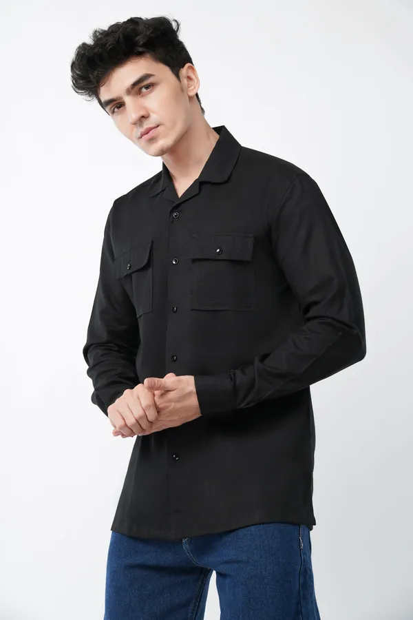 Black_Double_Pocket_Cotton_Full_Sleeves_Shirt_For_Men