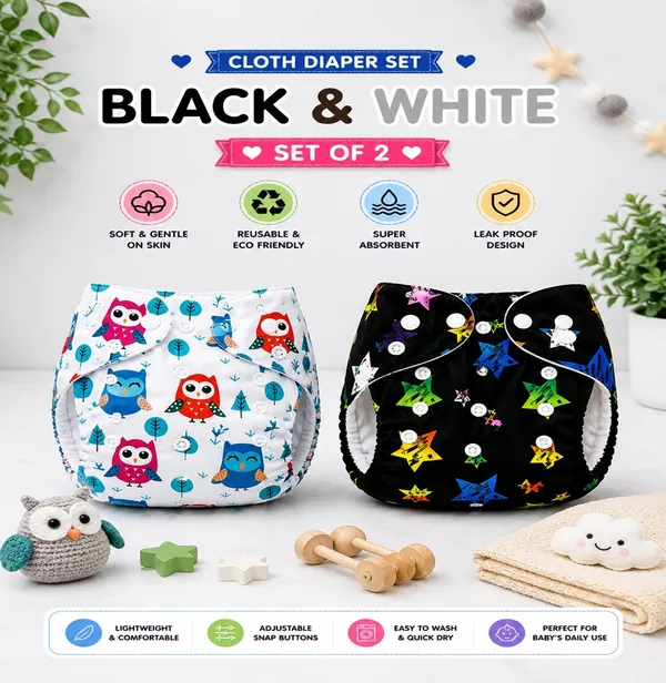 Multicolor_Reusable_Diaper_(2_Pieces),_Black_&_White_Combination