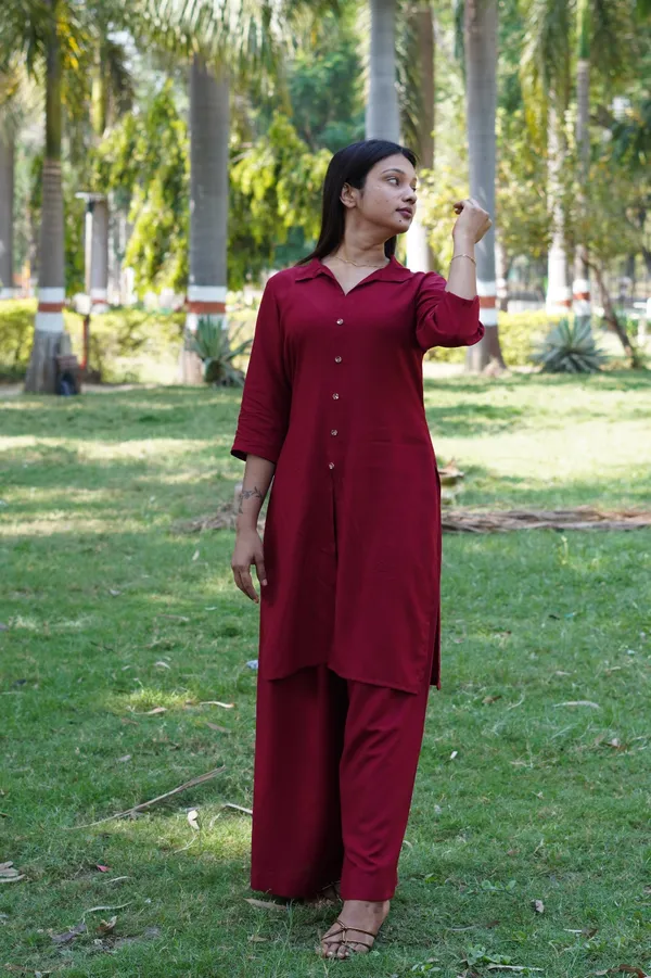 Abhisa_womens_MaroonRayon_Tunic_Pant_Co-Ords_Set