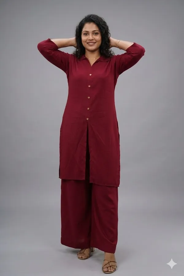 Abhisa_womens_MaroonRayon_Tunic_Pant_Co-Ords_Set