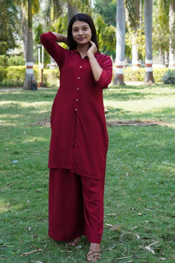Abhisa_womens_MaroonRayon_Tunic_Pant_Co-Ords_Set