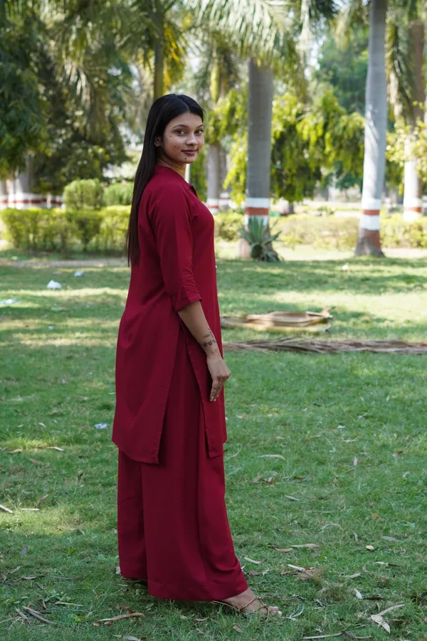 Abhisa_womens_MaroonRayon_Tunic_Pant_Co-Ords_Set