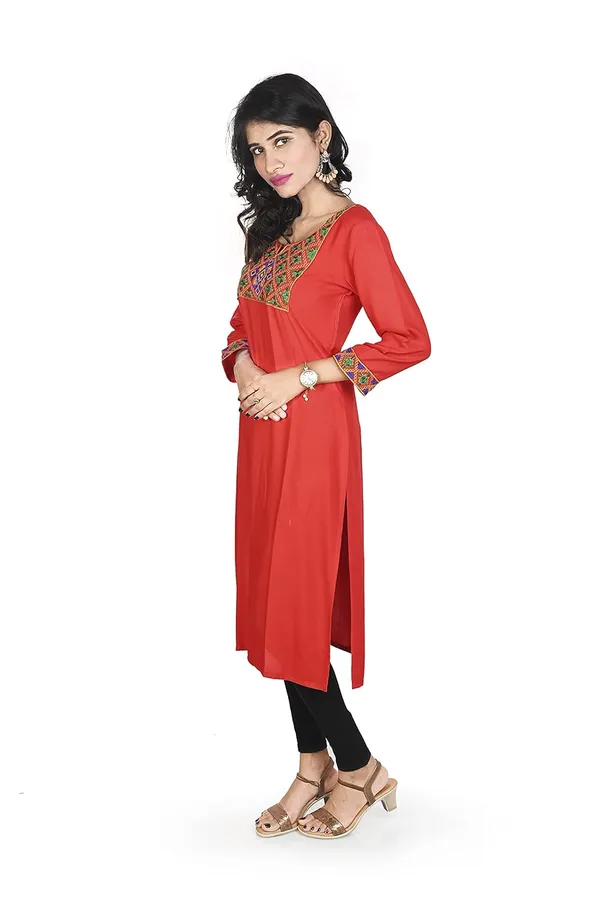 Red_Rayon_Patch_Work_Kurti_For_Women