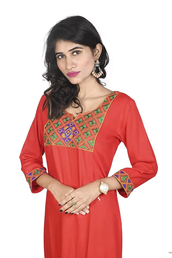 Red_Rayon_Patch_Work_Kurti_For_Women