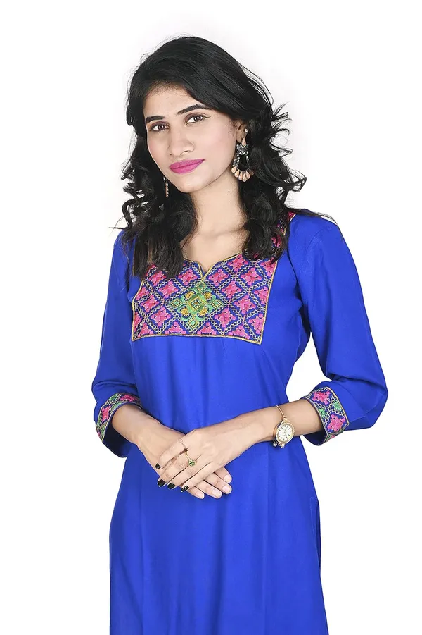 Blue_Rayon_Patch_Work_Kurti_For_Women