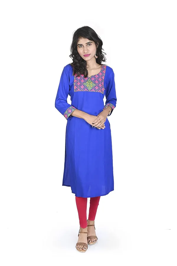 Blue_Rayon_Patch_Work_Kurti_For_Women