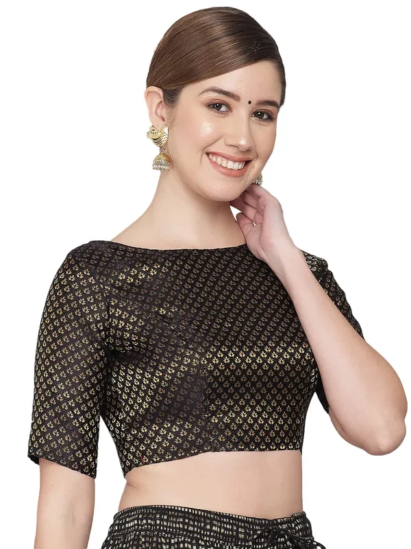 Black_Royal_Banarasi_Brocade_Readymade_Blouse_–_Boat_Neck,_Elbow_Sleeves