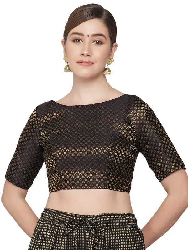 Black_Royal_Banarasi_Brocade_Readymade_Blouse_–_Boat_Neck,_Elbow_Sleeves