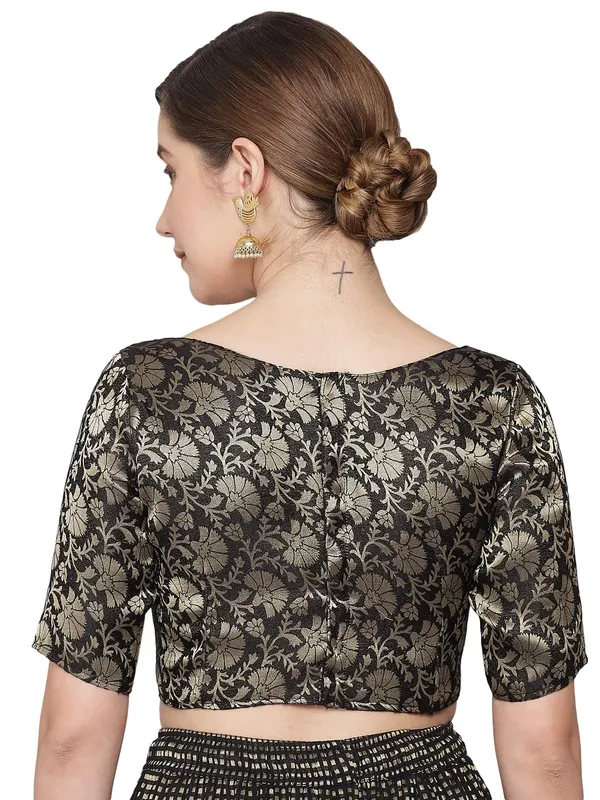 Black_Brocade_Readymade_Traditional_Banarasi_Stitched_Boat-Neck_with_Elbow_Length_Sleeve_Blouse._For_Women
