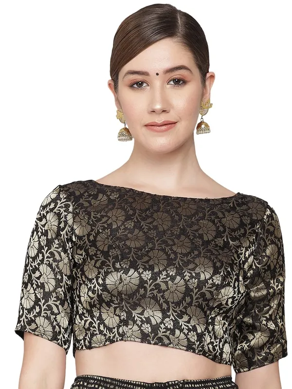 Black_Brocade_Readymade_Traditional_Banarasi_Stitched_Boat-Neck_with_Elbow_Length_Sleeve_Blouse._For_Women
