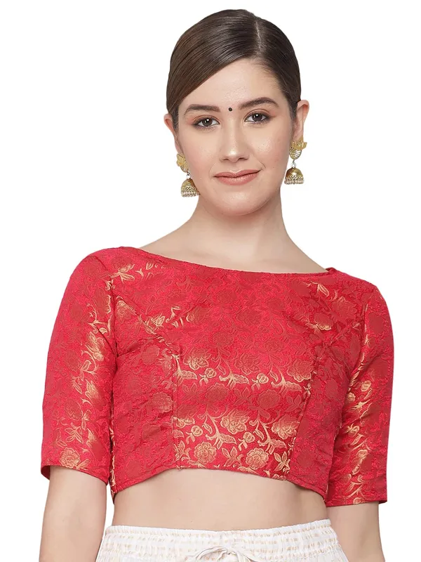 Red_Brocade_Readymade_Traditional_Banarasi_Stitched_Boat-Neck_with_Elbow_Length_Sleeve_Blouse._For_Women