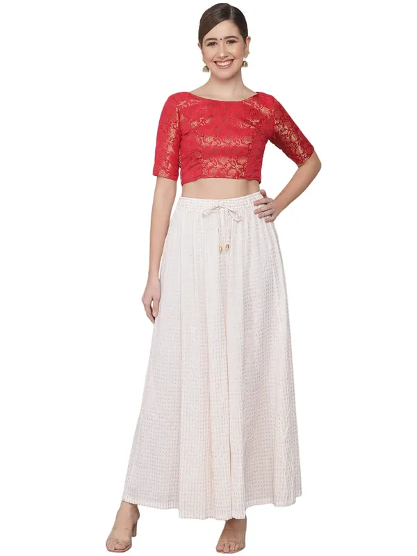 Red_Brocade_Readymade_Traditional_Banarasi_Stitched_Boat-Neck_with_Elbow_Length_Sleeve_Blouse._For_Women