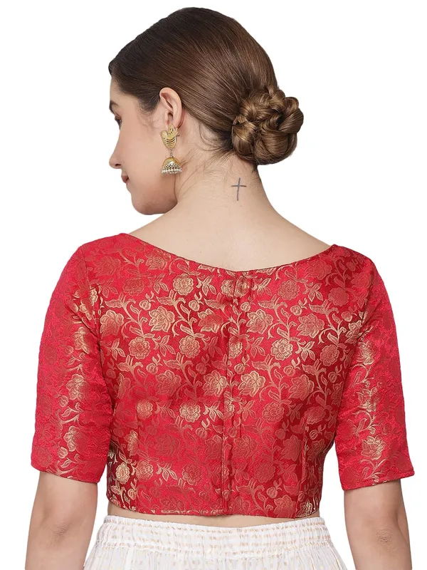 Red_Brocade_Readymade_Traditional_Banarasi_Stitched_Boat-Neck_with_Elbow_Length_Sleeve_Blouse._For_Women