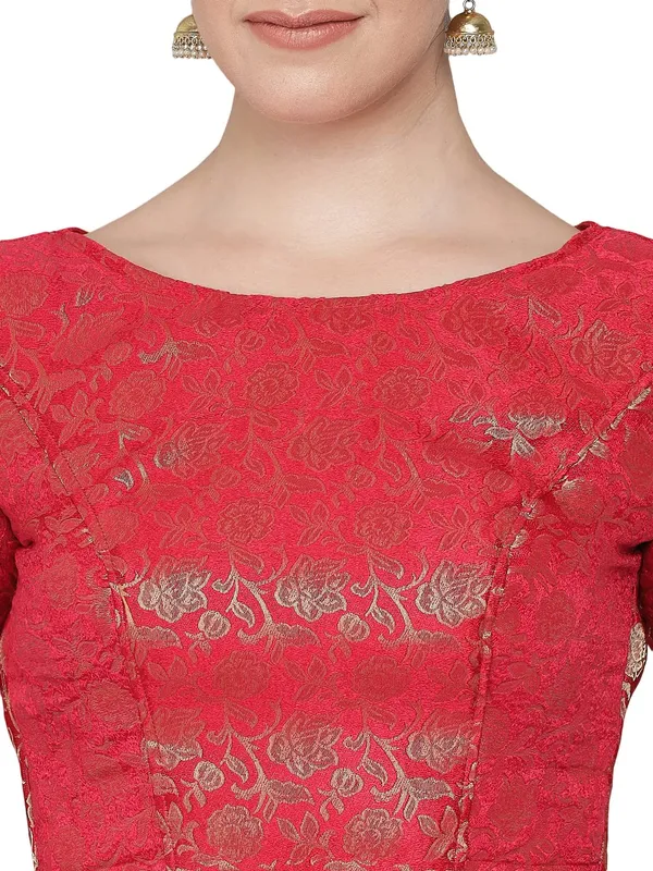 Red_Brocade_Readymade_Traditional_Banarasi_Stitched_Boat-Neck_with_Elbow_Length_Sleeve_Blouse._For_Women