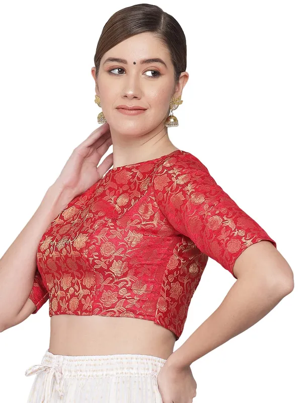Red_Brocade_Readymade_Traditional_Banarasi_Stitched_Boat-Neck_with_Elbow_Length_Sleeve_Blouse._For_Women
