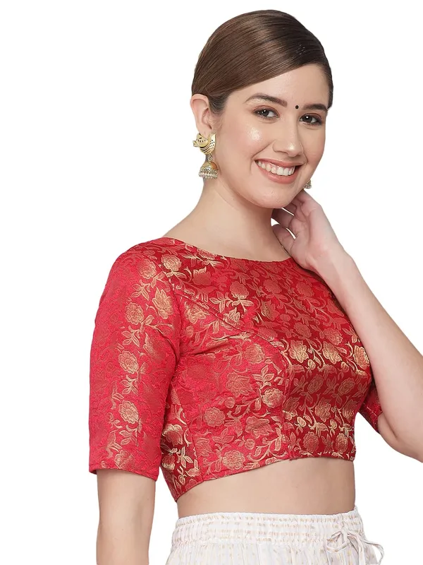 Red_Brocade_Readymade_Traditional_Banarasi_Stitched_Boat-Neck_with_Elbow_Length_Sleeve_Blouse._For_Women