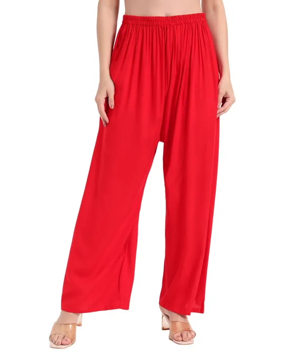 Red_Rayon_Wide_Leg_Palazzo_Pants,_High_Rise,_Elastic_Waist,_Flared_Design_with_Loose_Fit_For_Women