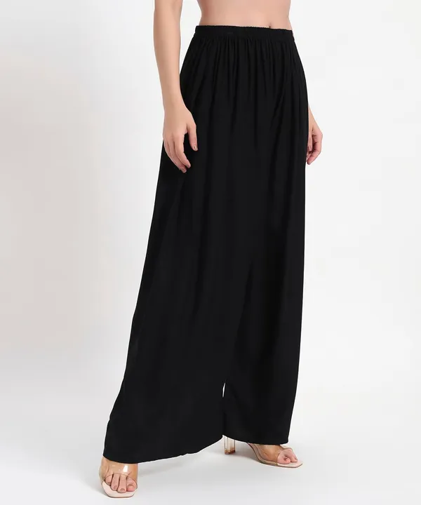 Black_Rayon_Wide_Leg_Palazzo_Pants,_High_Rise,_Elastic_Waist,_Flared_Design_with_Loose_Fit_For_Women
