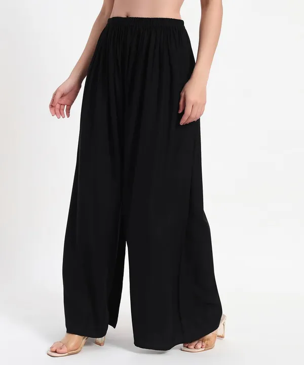 Black_Rayon_Wide_Leg_Palazzo_Pants,_High_Rise,_Elastic_Waist,_Flared_Design_with_Loose_Fit_For_Women