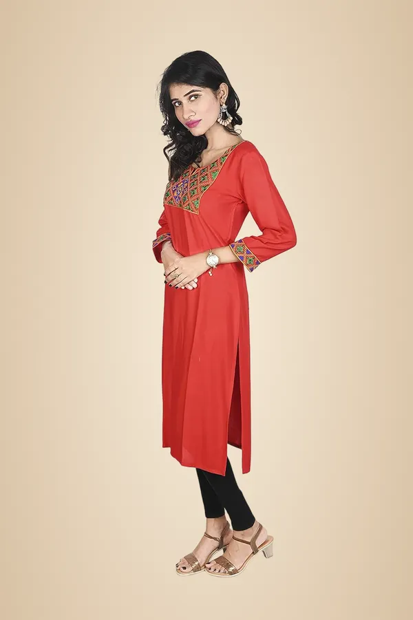 Red_Rayon_Patch_Work_Kurti_For_Women