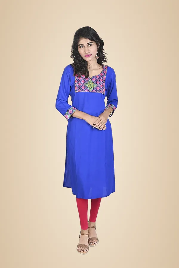 Blue_Rayon_Patch_Work_Kurti_For_Women