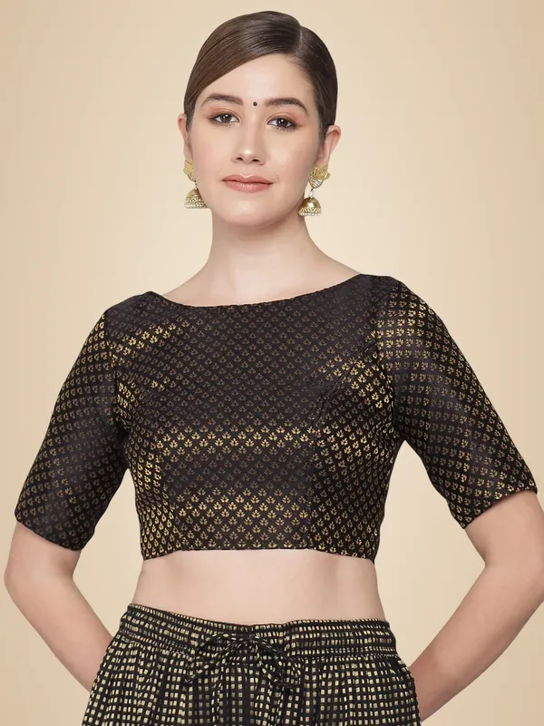 Black_Royal_Banarasi_Brocade_Readymade_Blouse_–_Boat_Neck,_Elbow_Sleeves