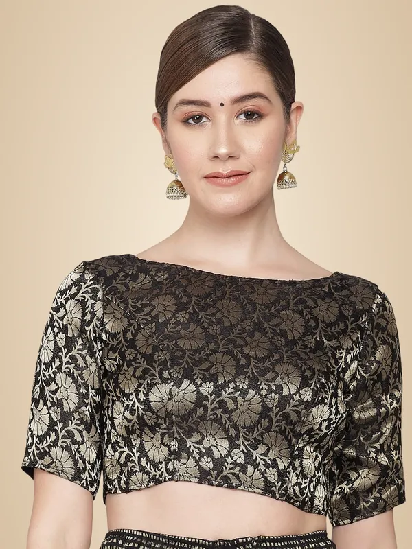 Black_Brocade_Readymade_Traditional_Banarasi_Stitched_Boat-Neck_with_Elbow_Length_Sleeve_Blouse._For_Women